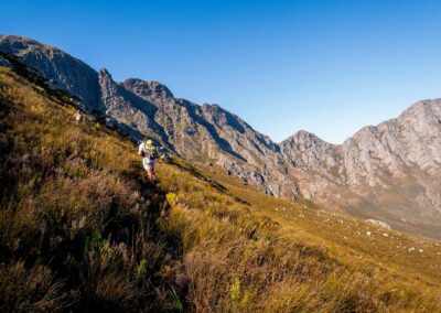 Individualreisen Südafrika: Fynbos-Wanderung entlang des Klipspringer Trail im Steenbrass Nature Reserve. Der Wanderweg und das Naturschutzgebiet liegen zwischen Bergen und Meer an der Küste der Kogel-Bucht.